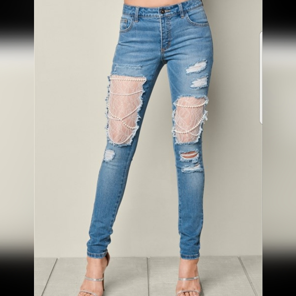 VENUS Light Blue Distressed Skinny Jeans with Lace & Pearls